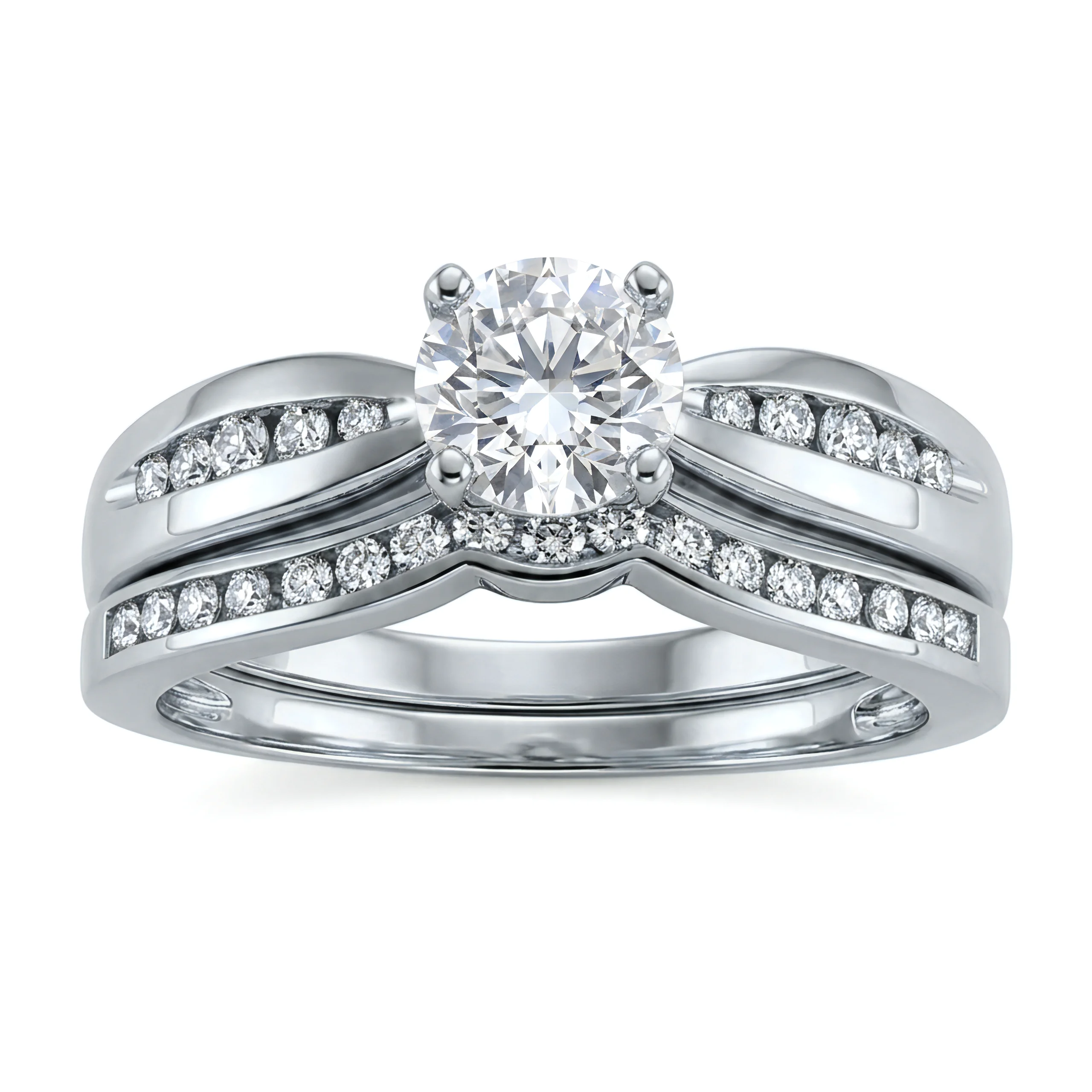 1 Carat Round Lab Grown Diamond Wide Channel Contoured Bridal Set in 14K White Gold