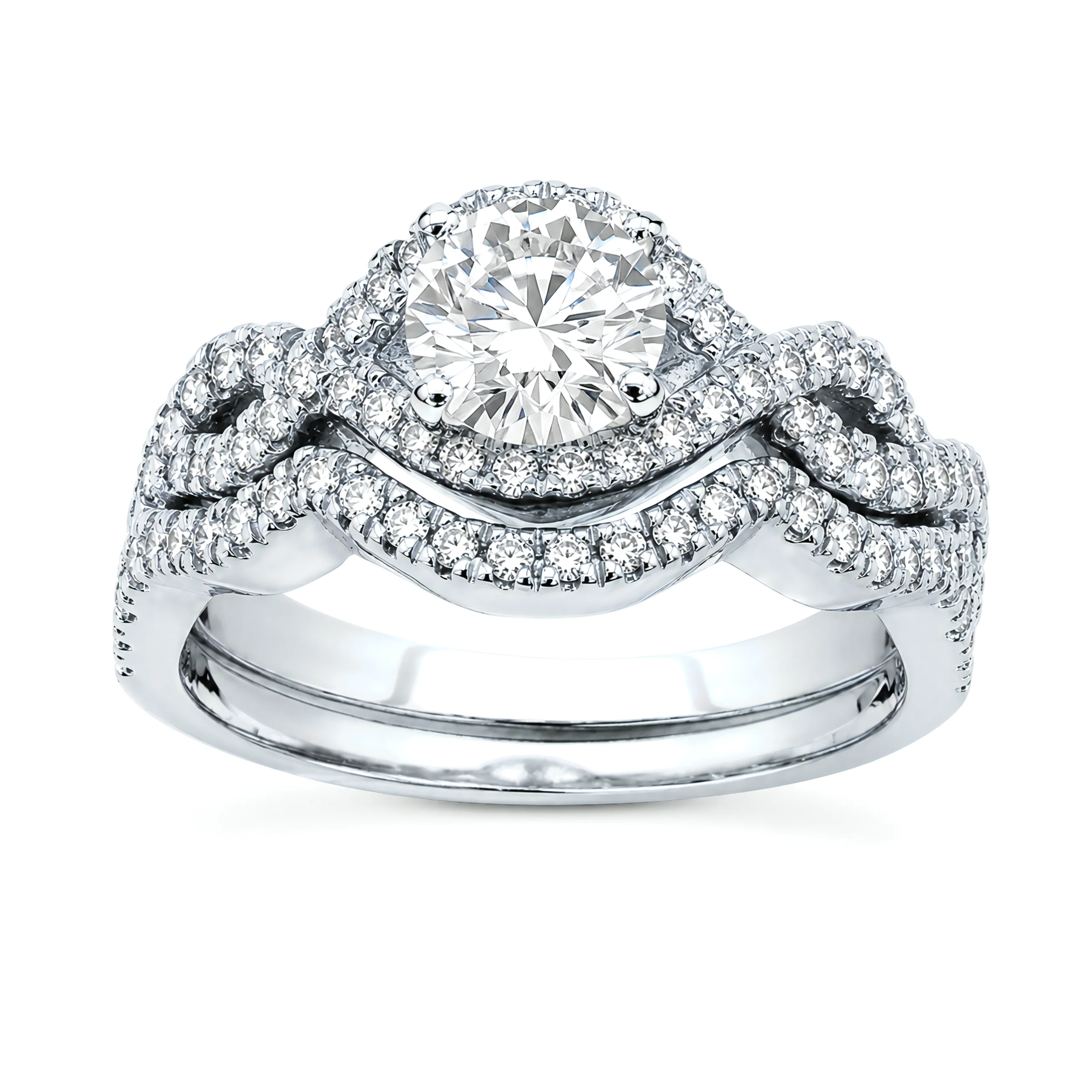 1 Carat Round Lab Grown Diamond Infinity Twist Halo Bridal Set in 14K White Gold