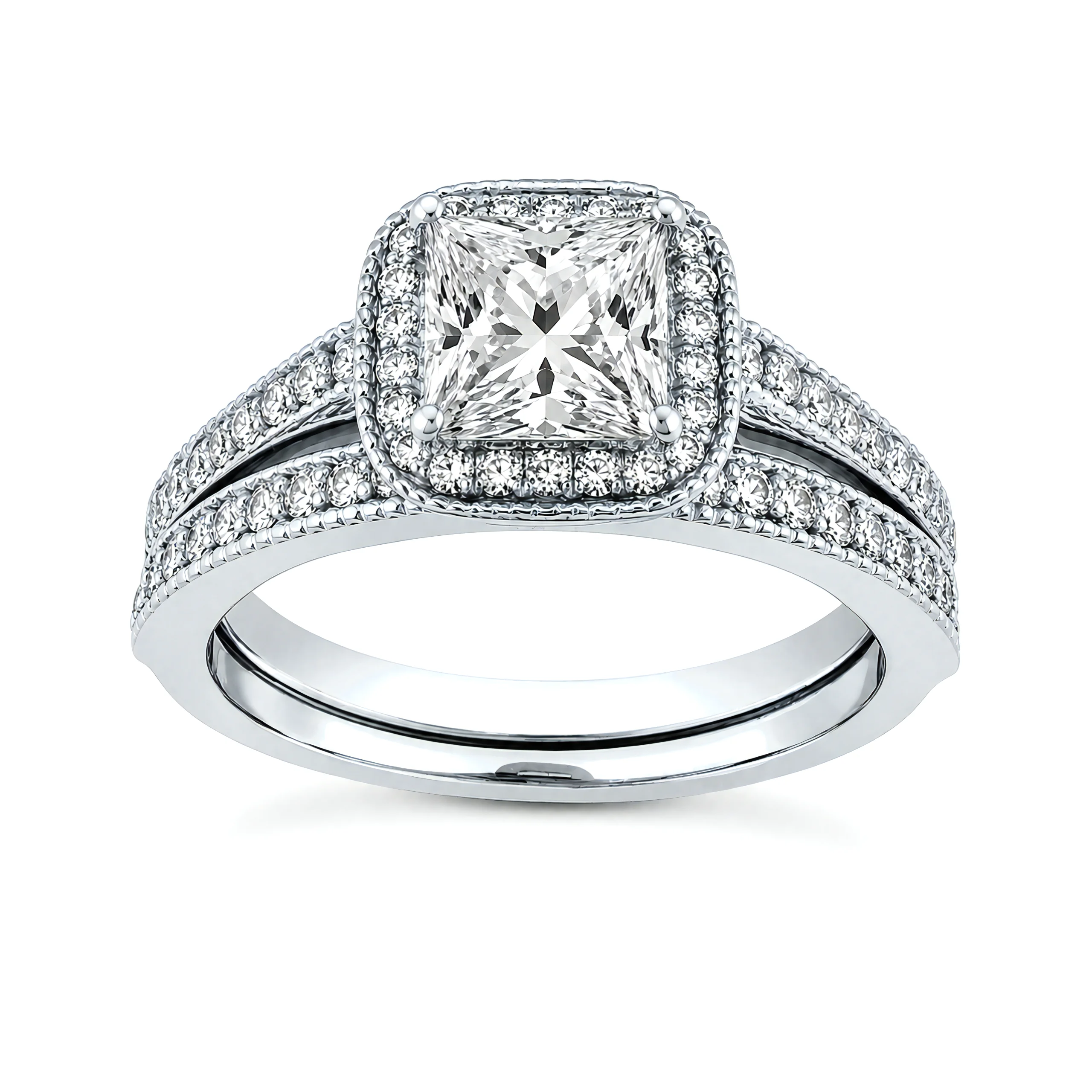 1 Carat Princess Lab Grown Diamond Cushion Halo Bridal Set in 14K White Gold