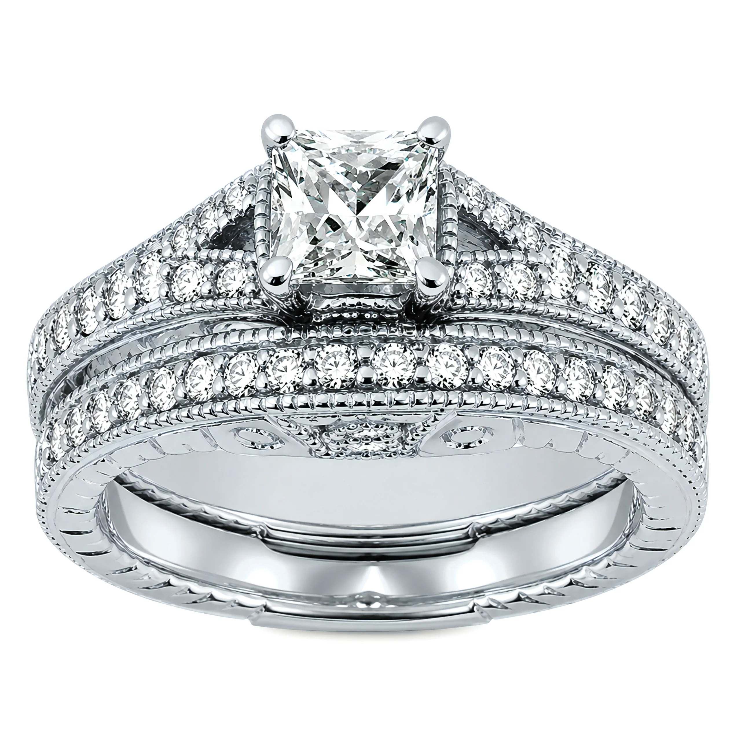 1 Carat Princess Lab Grown Diamond Vintage Split Shank Bridal Set in 14K White Gold
